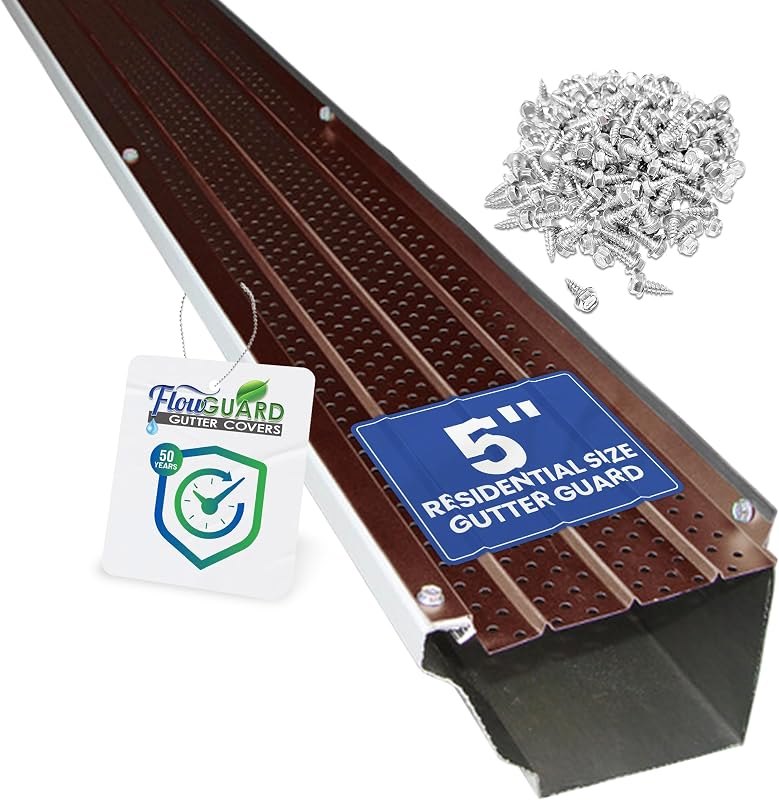 FlowGuard Gutter Guard, USA Made Professional DIY 5 Inch 50-Year Gutter Cover Leaf Protection System - Brown -