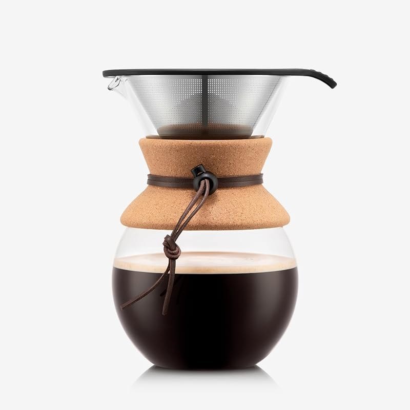 Bodum 34oz Pour Over Coffee Maker, High-Heat Borosilicate Glass with Reusable Stainless Steel Filter and Cork Grip -