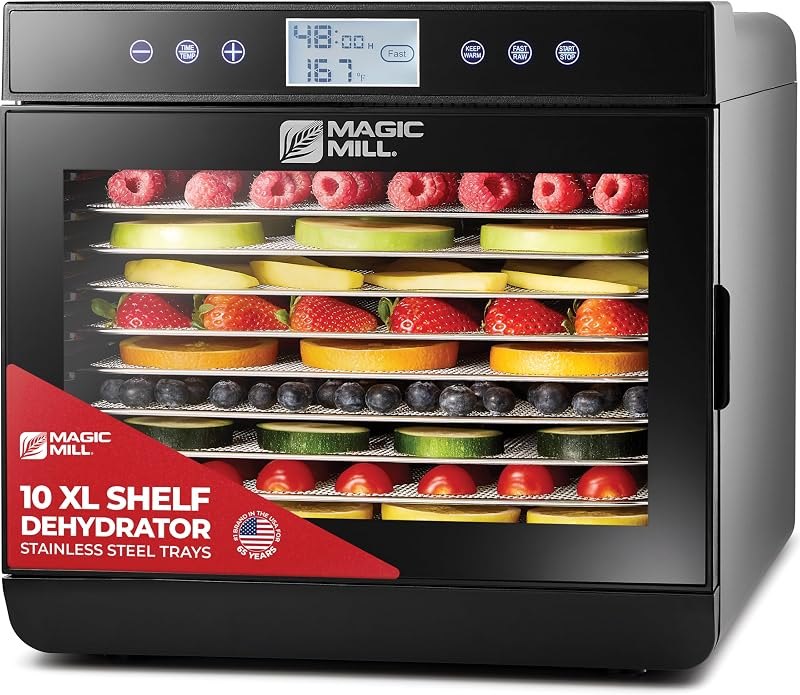 Magic Mill Premium Food Dehydrator Machine (10 Extra-Large Stainless Steel Trays) 700W Dryer for Beef Jerky, Fruits