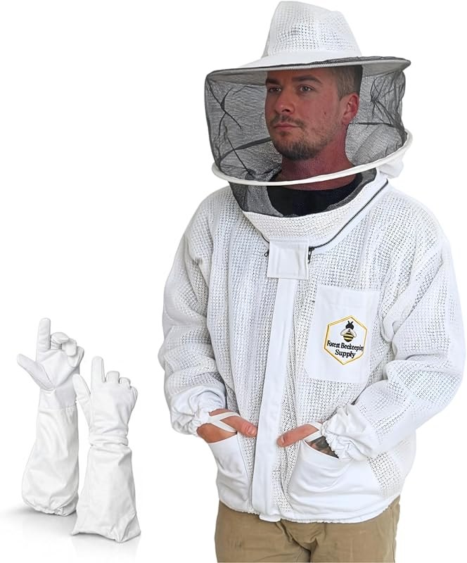 Ventilated Bee Jacket for Men and Women with Gloves and Detachable Round Veil, 3-Layer Beekeeping Jacket, YKK Brass