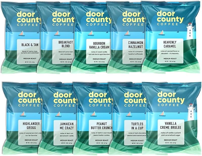 Door County Coffee Gourmet Flavored Sampler Pack, Ten 1.5 oz Bags — Coffee pack for coffee kit