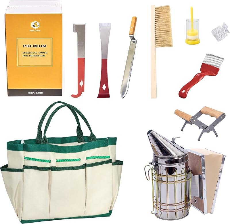 BeeCastle 9 Pcs Beekeeping Tools Kit with Organizer Tote for Beekeepers, Necessary Beekeeping Supplies Bee Keeping
