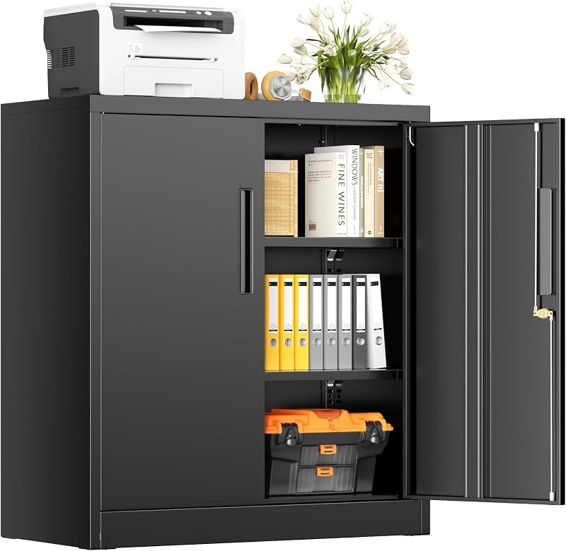 INTERGREAT Metal Storage Cabinet with Locking Doors, Lockable Steel Storage Cabinets with 2 Doors and Shelves, Black