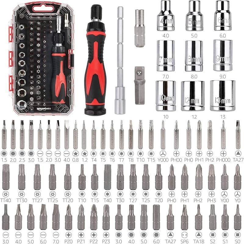 Amazon Basics Magnetic Ratcheting Wrench and Electronics Precision Screwdriver Tool Set, 73-Piece, with Carry Case for