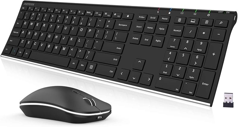 Arteck 2.4G Wireless Keyboard and Mouse Combo Stainless Steel Ultra Slim Full Size Keyboard and Ergonomic Mice for