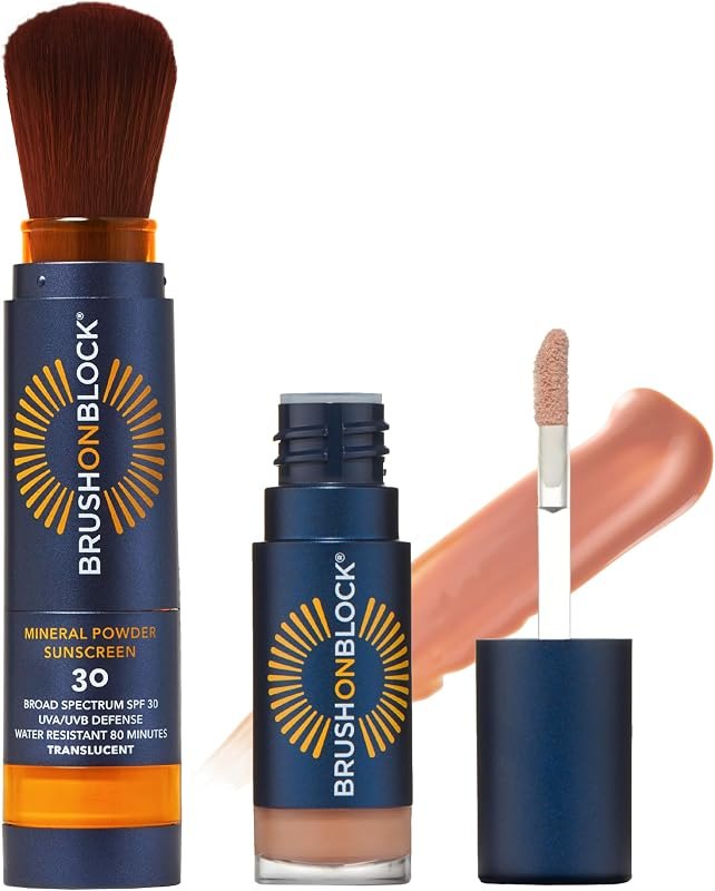 Brush On Block Full Face Sun Protection Kit, Translucent Mineral Powdered Sunscreen & Protective Lip Oil SPF 30, Reef