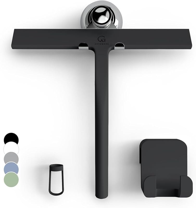 GÜTEWERK Silicone Shower Squeegee with 3-in-1 No-Drill Mount, Black, 9''