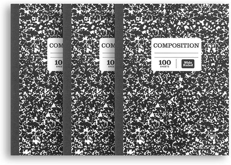 (3 pack) Pen+Gear Wide Ruled Black Marbled Composition Notebooks 100 Sheets - 300 Sheets Total