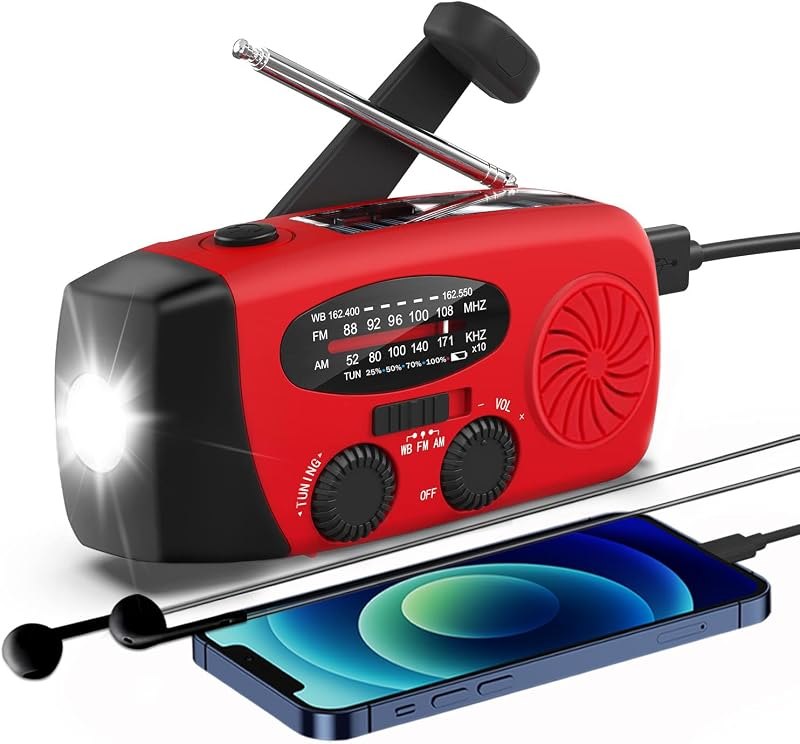 Solar Hand Crank NOAA Weather Radio, AM/FM, 2000mAh Charger, Light, SOS — emergency crank radio kit for emergency