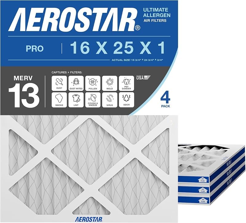 Aerostar Air Filter 16x25x1 MERV 13 AC Filter, HVAC, Furnace Filter, 4 Pack — merv 13 filter 16x25x1 amazon for merv