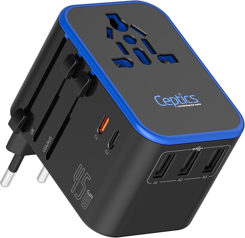 Ceptics 45W Universal Travel Adapter w/ 3 USB-A, 2 USB-C & Universal Input — adapter for best packing cubes travel