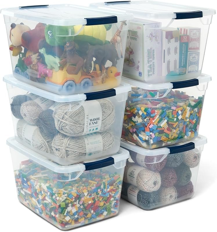 Rubbermaid Cleverstore Clear 32 Qt, 6 Pack Stackable Plastic Storage Bins with Lids, Great for Closet and Laundry