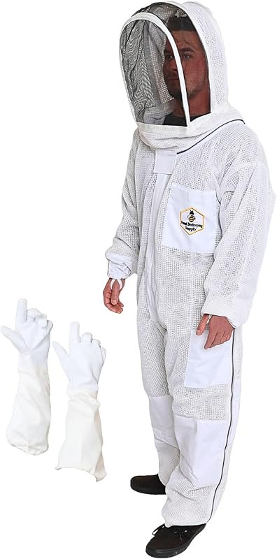 3-Layer Ventilated Bee Suit, Beekeeper Suit Kit with Detachable Fencing Veil and Bee Gloves (Large) — bee suit with