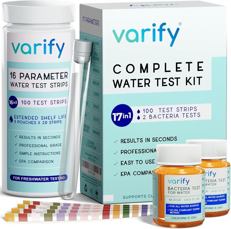 Varify 17in1 Complete Drinking Water Test Kit - 100 Strips + 2 Bacteria Tester Kits - Well, Tap, Home, City Water