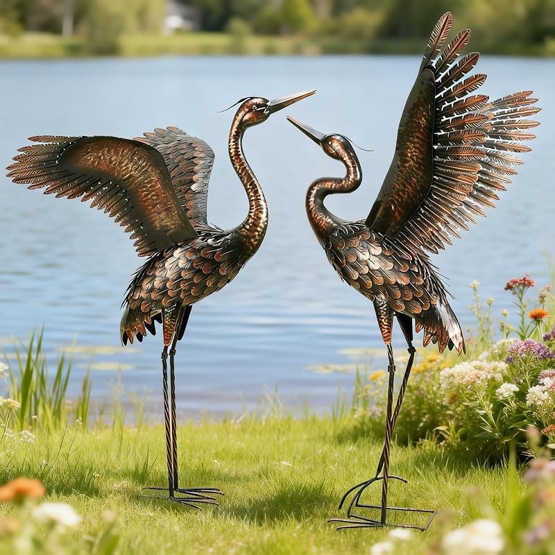 Garden Crane Statue Outdoor Metal Heron Yard Art Sculpture ,46 inch,2-Pack — heron-decoy for pond netting durable