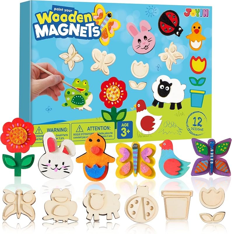JOYIN 12 Wooden Magnet Painting Kit - Arts and Crafts for Kids Ages 3-8