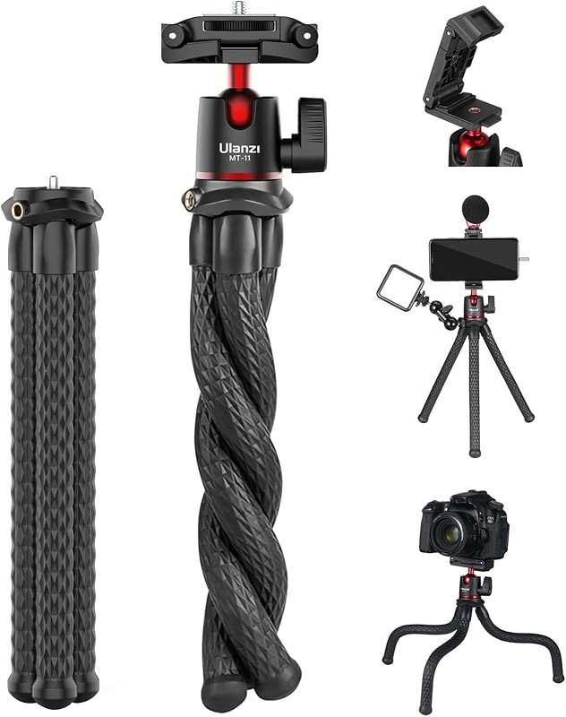 Camera Tripod, Mini Flexible Stand w Hidden Phone Holder w Cold Shoe Mount, 1/4'' Screw f Magic Arm, Universal f