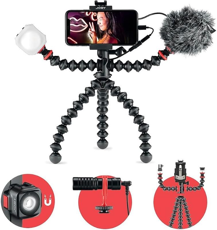 GorillaPod Mobile Vlogging Kit (Smartphone Rig, Wavo Mobile Mic, Beamo Mini LED Light) Flexible Tripod, Phone Holder