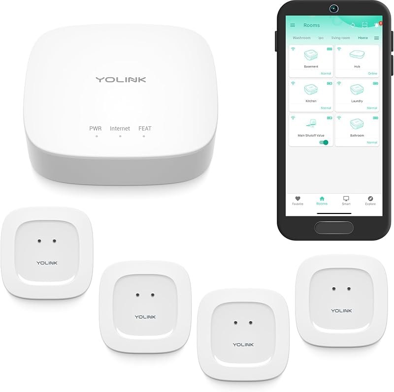 YoLink Water Leak Starter Kit: Hub + 4 Leak Sensor 1 (Silent), LoRa Long-Range, App/SMS/Email Alerts, D2D Offline