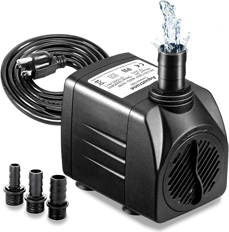 550GPH Submersible Pump 30W - Ultra Quiet Fountain Water Pump, 2000L/hr, 7.2ft High Lift, 3 Nozzles - Submersible