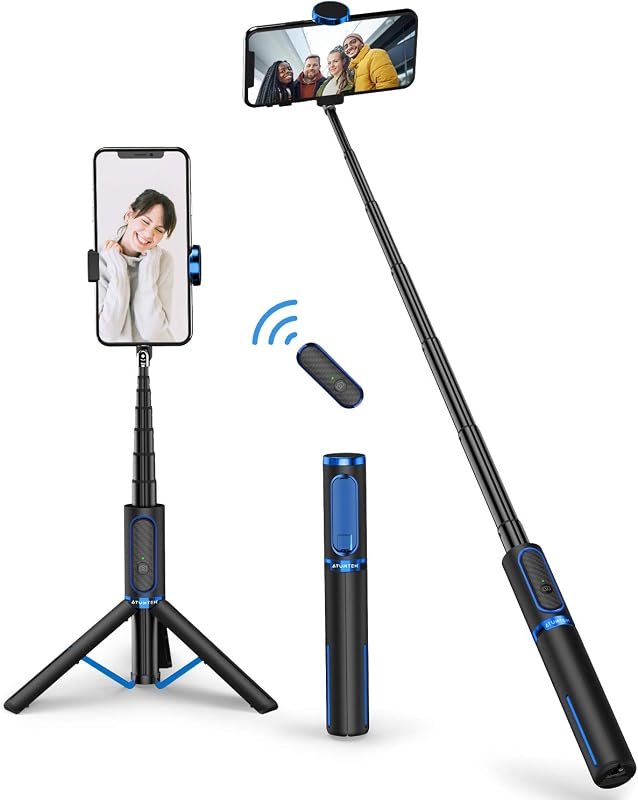ATUMTEK Selfie Stick Tripod, 3-in-1 Extendable Aluminum Phone Tripod with Detachable Bluetooth Remote, Compatible with