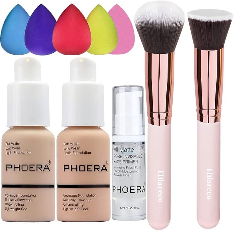 PHOERA Foundation 102 and 103 & Face Primer,Liquid Full Coverage Foundation Set,Foundation Brush Powder Brush,5 Makeup