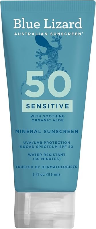 Blue Lizard SENSITIVE Mineral Sunscreen with Zinc Oxide, SPF 50+, Water Resistant, UVA/UVB Protection with Smart Cap