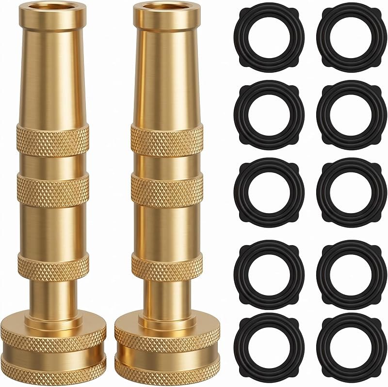 Hourleey Adjustable Twist Hose Nozzle, 4" Heavy-Duty Brass Hose Nozzle with 10 Garden Hose Rubber Washers, 2 Pack —