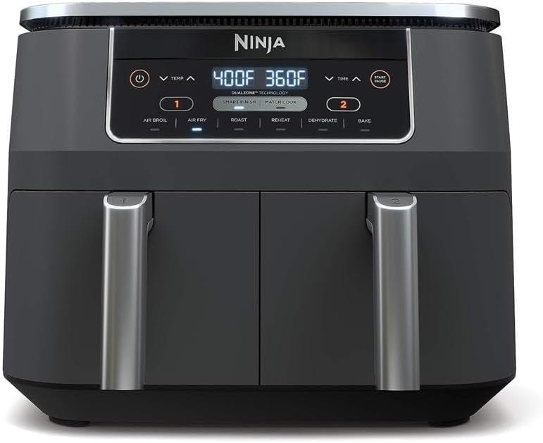 Ninja DZ201 Foodi 8 Quart 6-in-1 DualZone 2-Basket Air Fryer with 2 Independent Frying Baskets, Match Cook & Smart