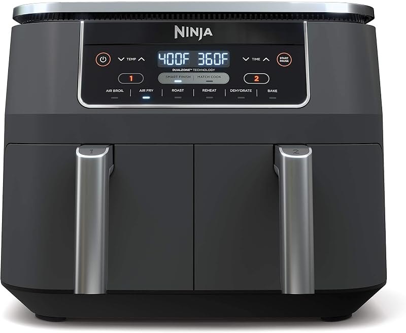 Ninja DZ201 Foodi 8 Quart 6-in-1 DualZone 2-Basket Air Fryer with 2 Independent Frying Baskets, Match Cook & Smart