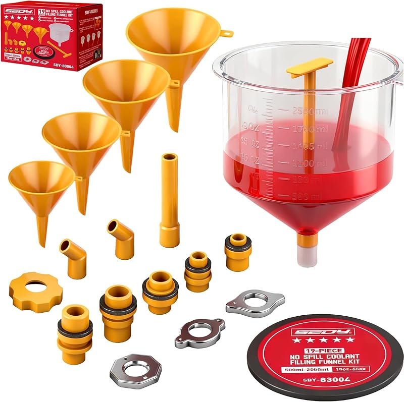 Ultimate No Spill Coolant Funnel Kit - 19-Piece Spill-Free Radiator Funnel Set, Spill Proof Radiator Bleeder Kit