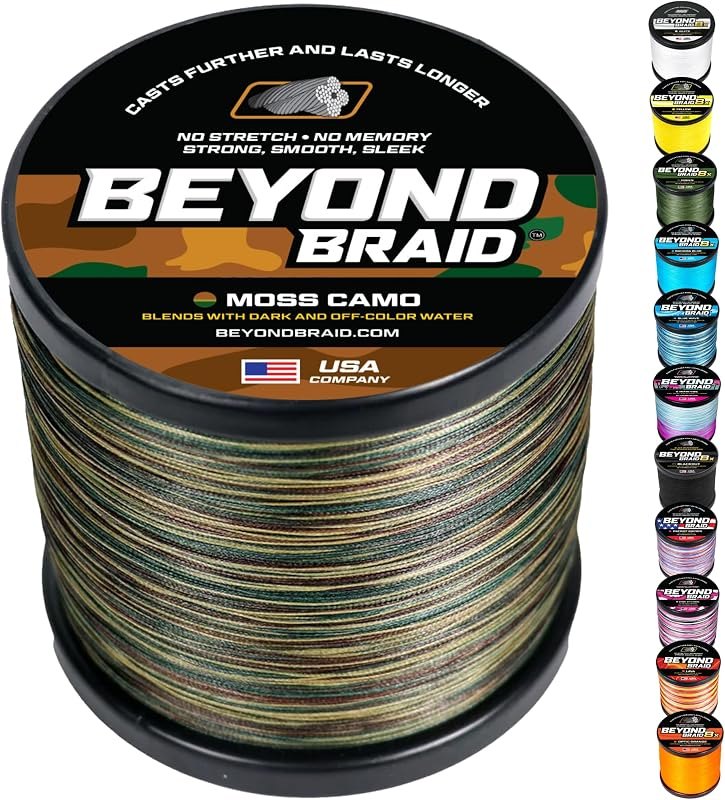 Beyond Braid Braided Fishing Line -Super Strong - Abrasion Resistant - No Stretch -Blue Camo, Moss Camo, White, Green