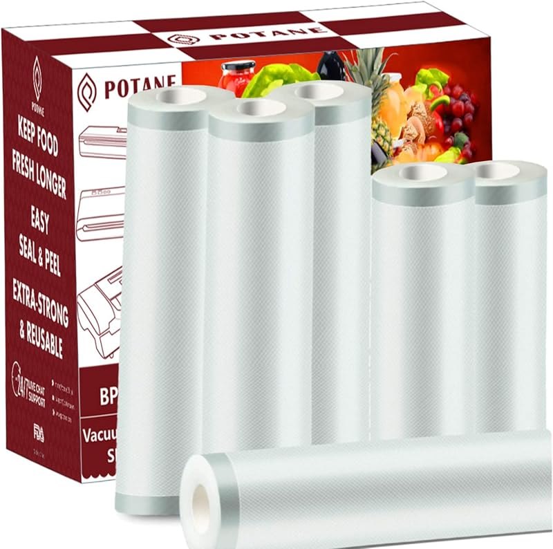 POTANE 6 Pack 11"x20'(3Rolls) and 8"x20' (3Rolls)Thickened Vacuum Sealer Bags , Smell-Proof, Puncture Prevention