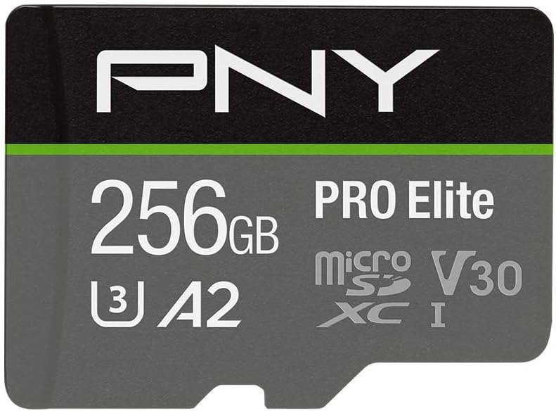 PNY 256GB PRO Elite C10 U3 V30 A2 microSDXC Flash Memory Card, 4K UHD — 256GB for best microSD card travel compact