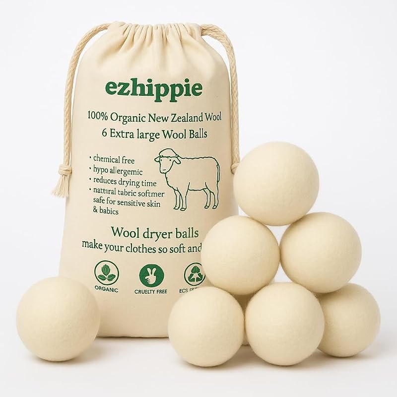 Ezhippie Quality Wool Dryer Balls - 6 XL Pack - 1000+ Loads - Pure Organic Wool - Reusable Natural Fabric Softener