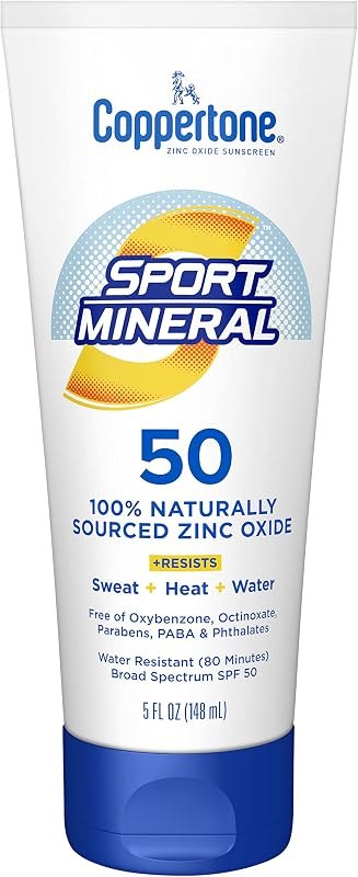 Coppertone Sport Mineral Sunscreen Lotion SPF 50, Water Resistant Sunscreen with Zinc Oxide, 5 Fl Oz Bottle — zinc