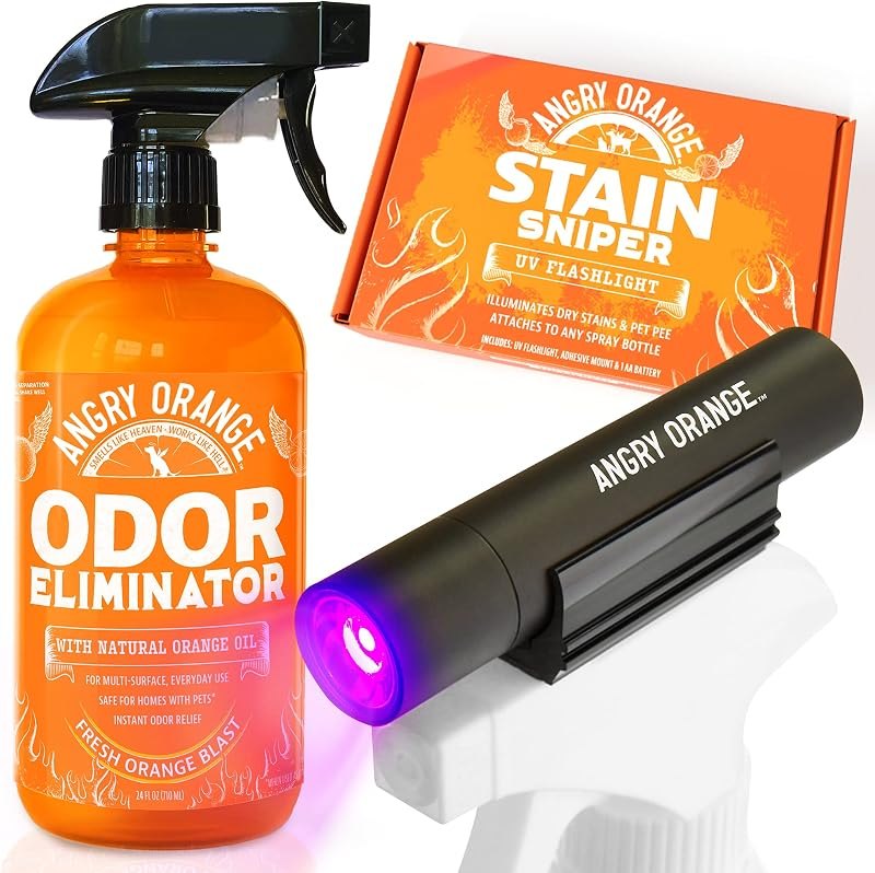 ANGRY ORANGE Pet Odor Eliminator Kit for Dog/Cat Urine, 24oz Citrus Odor Eliminator Spray and Stain Sniper Flashlight