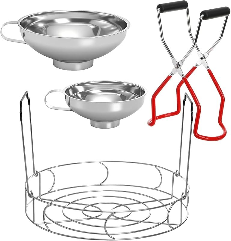 Cedilis 4 Pieces Canning Kit, 1PC Canning Rack+ 1PC Jar Lifter Tong+ 2PC Funnels, Stainless Steel Canning Supplies for