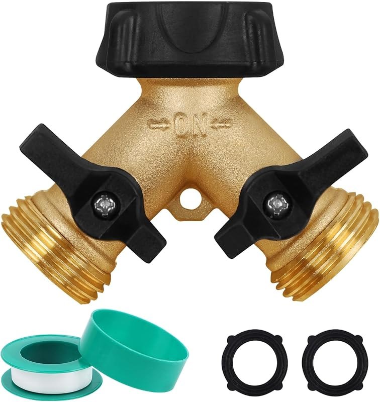 Biswing Garden Hose Splitter 2 Way, Heavy Duty Brass Connector Tap Splitter, Y Splitter 2 Valves with 2 Extra Rubber