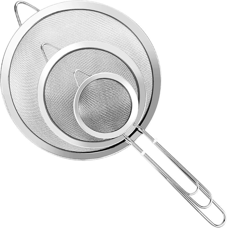 3Pcs Super Wire Extra Fine Mesh Strainer with Handle, Small Medium Large Size Sifter Metal Strainer Set, Stainless
