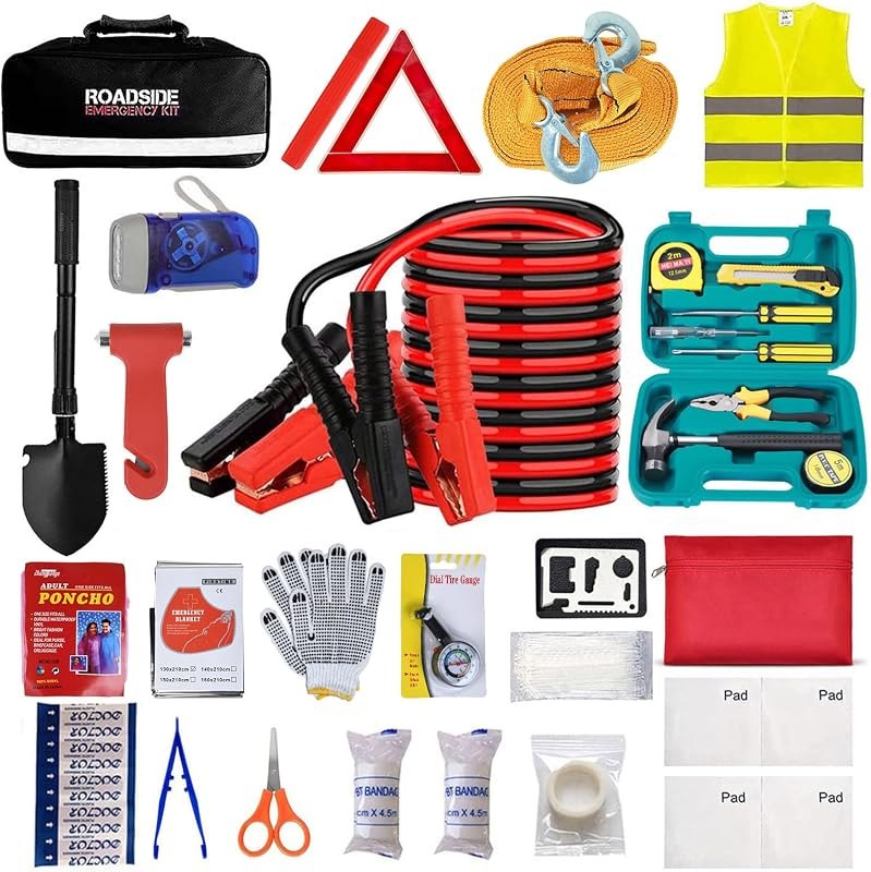 Car Emergency Roadside Tool Kit with Jumper Cable Shovel,Auto Truck Vehicle Assistant Safety Kit Bag for Men Women