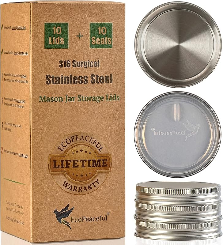 316 Surgical Stainless Steel Mason Jar Lids REGULAR Mouth - Rust-proof, Airtight, Leak-proof, BPA-Free, PVC-free