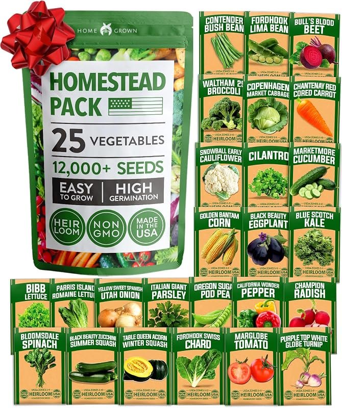 HOME GROWN 25 Variety Survival Seed Vault 12,000+ Heirloom Non-GMO Vegetable Seeds for Planting, High Germination
