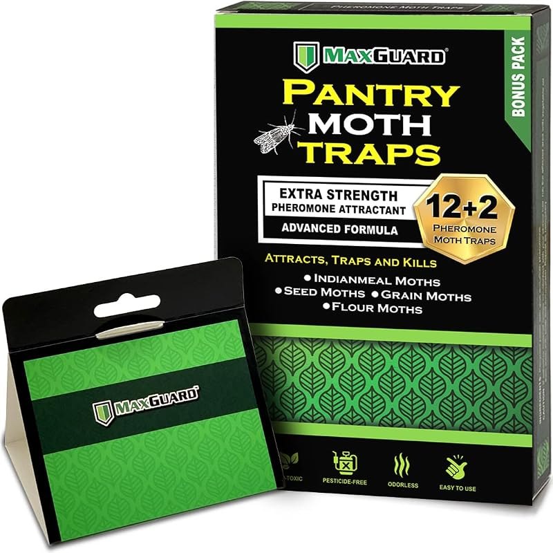 MAXGUARD Pantry Moth Traps (12 Pack +2 Free) with Extra Strength Pheromones — grain moth for pantry moth trap under 30