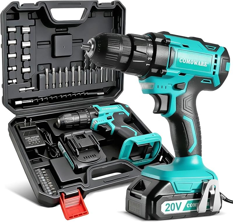 COMOWARE Cordless Drill, Electric Power Drill & Bits Set w/Charger& Battery — drill for best home tool kit travel