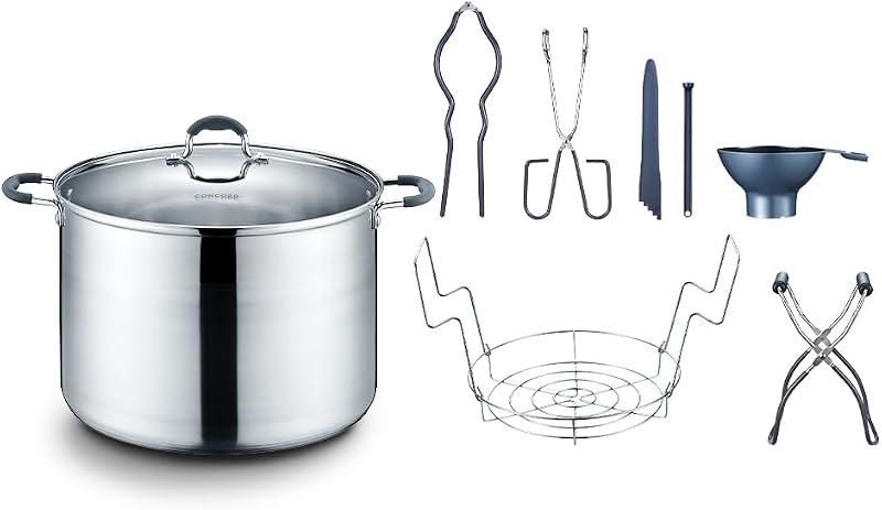 CONCORD 20 Quart Stainless Steel Canning Pot Set. Includes Canning Rack, Tongs, Jar Lifter, Funnel, Wrench, Lid