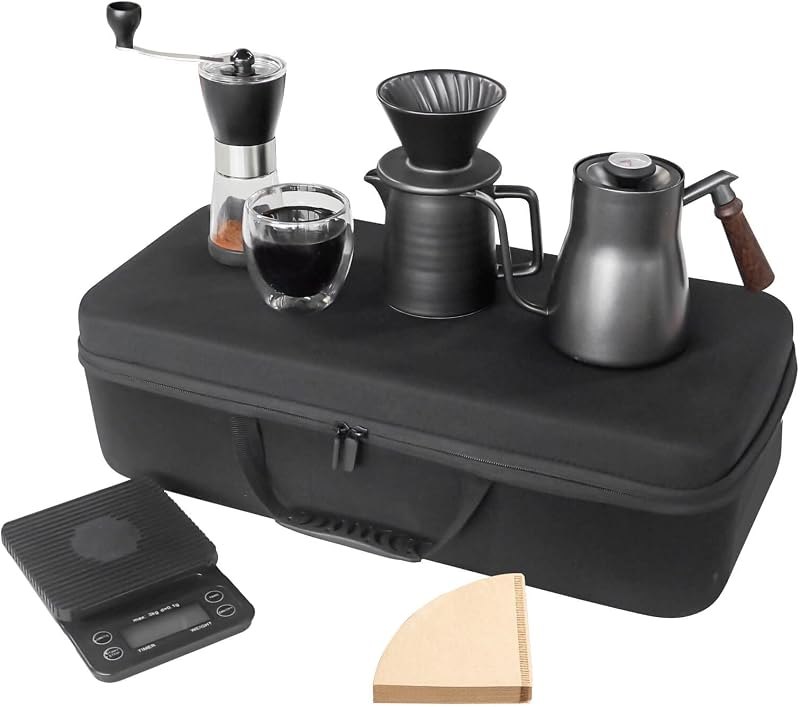SOTECH Pour Over Coffee Maker Set All in 1 Coffee Kits- 304 Stainless Steel Kettle with Thermometer Coffee Grinder