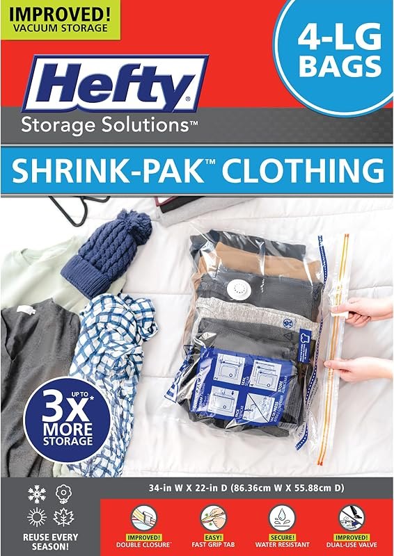 Hefty Shrink-Pak - 4 Large Vacuum Storage Bags for Clothes, Pillows, Towels, or Blankets - Space Saver Vacuum Sealer