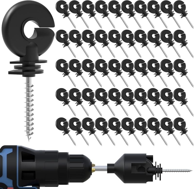 NQN 50 Pcs Black Electric Fence Insulator Screw-in Insulator Fence Ring Post Wood Post Insulator and 1 Pc Free