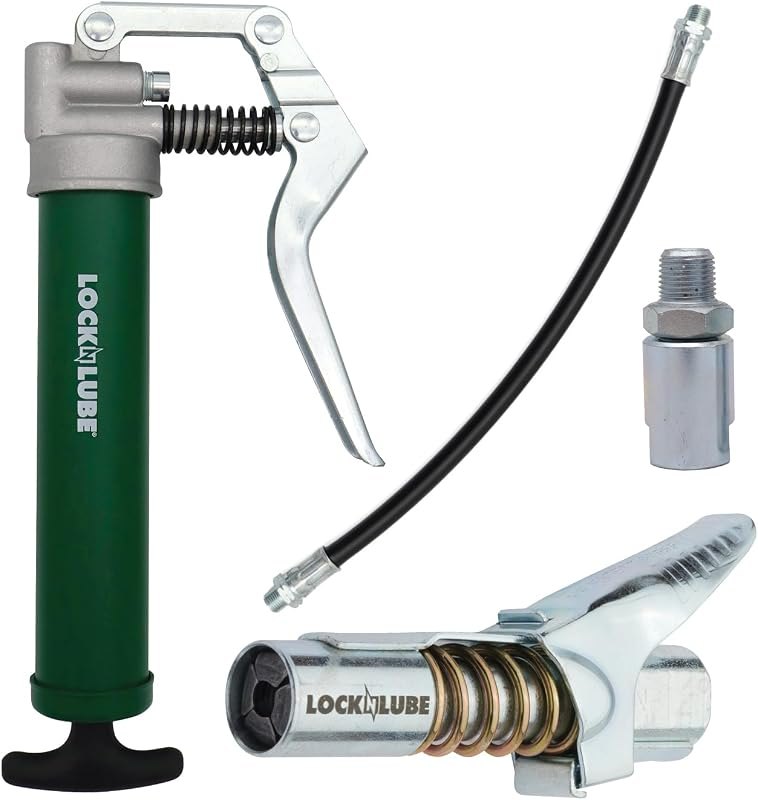LockNLube Mini Grease Gun Kit. Includes Our Patented Grease Coupler (Locks on, Stays on, Won't Leak!) Plus a 12 Hose